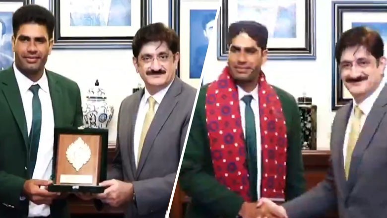 CM Murad presents Rs50 million cheque, Ajrak to Arshad Nadeem