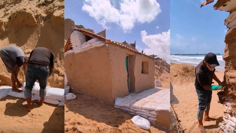 Displaced Gaza man builds beachside home using mud, sand and flour bags