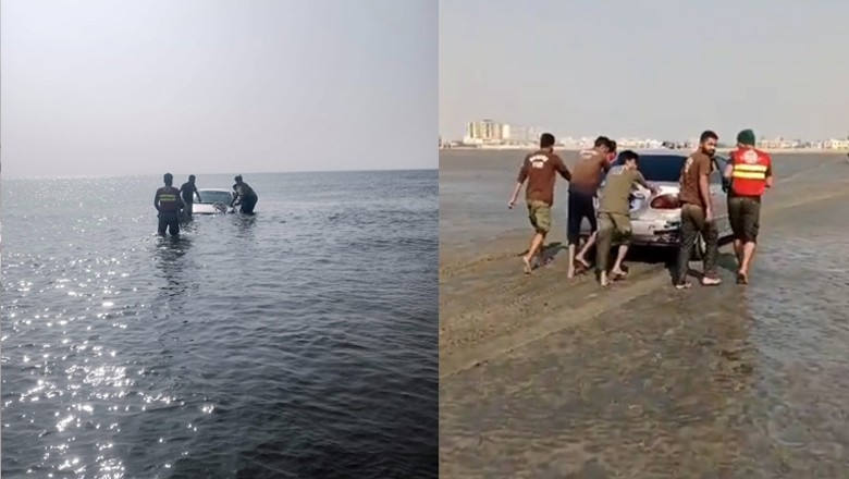 Car with fake number plate of Sindh police retrieved from deep water at Sea View