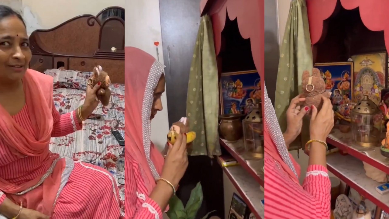 Indian woman worships Labubu Doll
