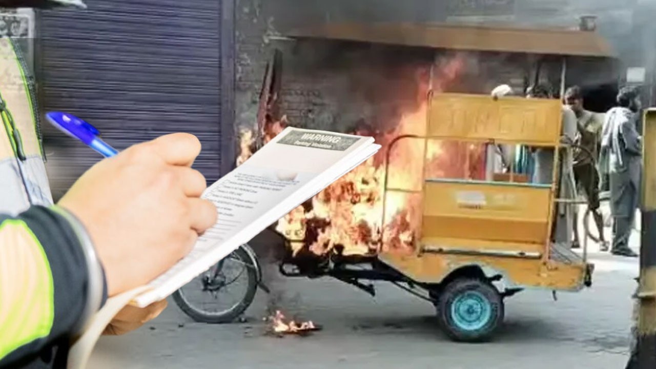 Man sets his rickshaw on fire in Hafizabad following traffic fine