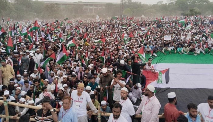 ڈھاکا میں اسرائیلی مظالم کیخلاف اور فلسطینیوں سے اظہار یکجہتی کیلیے عظیم الشان احتجاجی مظاہرہ