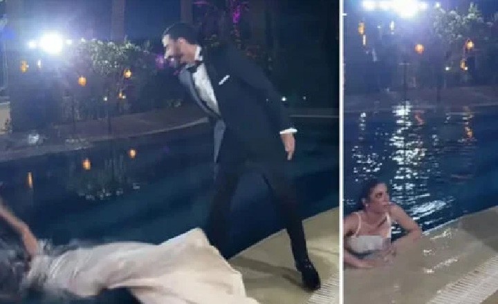 دلہا نے جان بوجھ کر فوٹو شوٹ کے دوران دلہن کو تالاب میں پھینک دیا