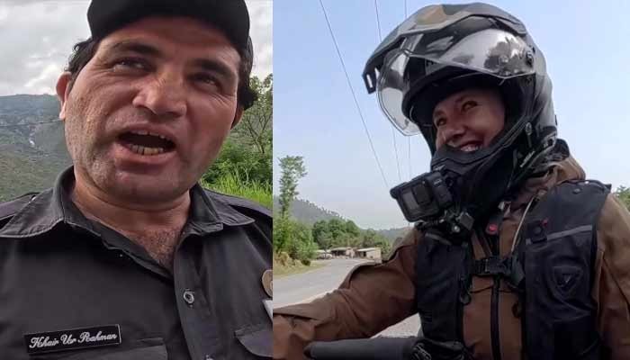 غیرملکی خاتون بائیکر سیاح سے نامناسب سوال پوچھنے پر پولیس اہلکار معطل