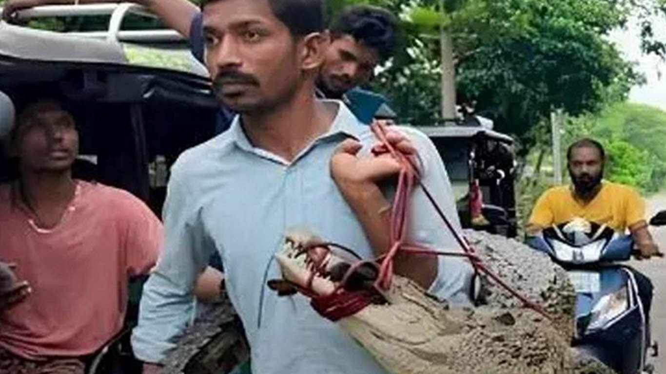 بھارت میں کسان زندہ مگرمچھ کو کندھے پر اٹھا کر تھانے پہنچ گیا