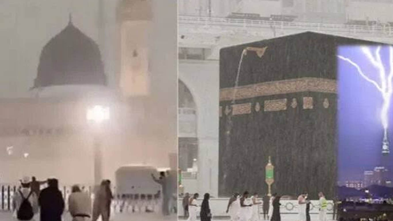 مکہ مکرمہ اور مدینہ منورہ میں موسلادھار بارش میں زائرین کی عبادت